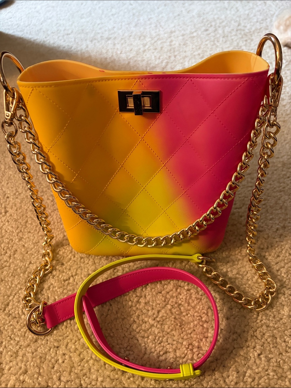 Vibrant Neon Yellow-Pink Quilted Jelly Bucket Bag With 2 Gold-Tone Chunky Straps